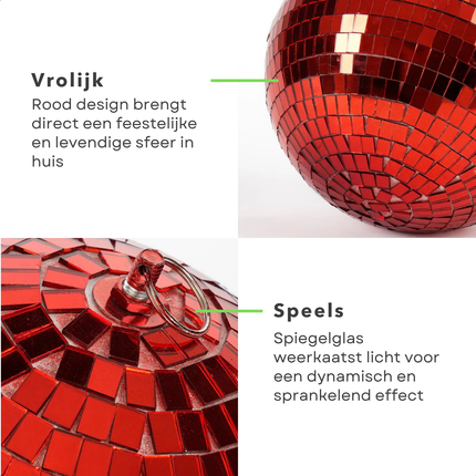 Cheqo® Kerst Discobal - Spiegelbol 30 CM - Rode Spiegelglas - Disco Bal Rood - Eenvoudig Op Te Hangen - Kerstversiering - Feestdagen Decoratie - Discobal Ornament - Spiegelglas Discobal - Kerstdecoratie