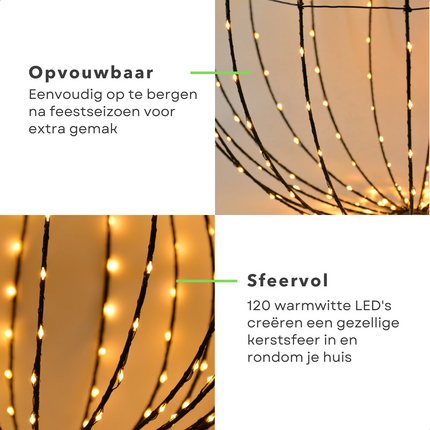 Close-up van opvouwbare Cheqo® lichtbol met 120 warmwitte LED's, ideaal voor sfeervolle kerstverlichting in huis.