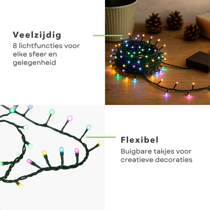Cheqo® Micro Clusterverlichting - 200 Led Lampjes - Soft Multi Colour - Batterij Aangedreven - 8 Lichtfuncties - Geheugenfunctie - Timer Functie - 6 Uur Aan - 18 Uur Uit - Kerstverlichting - Kerstboomverlichting - Kerstlampjes