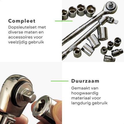 Cheqo® 20-delige Dopsleutelset - Doppendoos en Ratel - Doppenset - Kunststof Opbergbox - Doppen & Verlengstukken - Hoge Kwaliteit - Sterk Materiaal - Gereedschapsset - Dopsleutel - Handgereedschap Dopsleutelsets