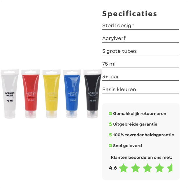 Cheqo® Acrylverf Set - Grote Tubes 75ML - Kunstschildersverf - Acryl Verf - 5 Kleuren