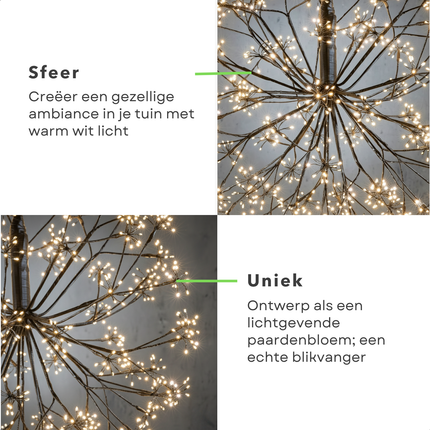 Cheqo® Kerstverlichting Bal - Warm Wit Licht - Micro LED-Lampjes - Spatwaterdicht - IP44 Stekker - Zwart Snoer - Tuinverlichting - Lichtgevende Kerstbal - 70 CM Diameter - Kerstlampjes Buiten - Lichtgevende Paardenbloem