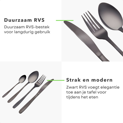 Cheqo® Moderne 4-Persoons Bestekset - van Duurzaam Zwart RVS - Vaatwasserbestendig - Messen - Vorken - Lepels - Theelepels - Keukengerei - Lange Levensduur - Eetgerei - Perfect Cadeau - 16 Delig Besteksets