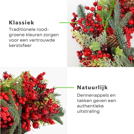 Cheqo® Kerstkrans Met Dennenappels - Rode Bessen Kerstkrans - Groene Takken Krans - Traditionele Kerstkleuren - Ø50 CM Krans - Klassieke Kerstdecoratie - Feestelijke Krans - Kerstversiering Groen Rood - Deurkrans Kerst - Wandkrans Kerst