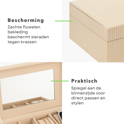 Cheqo® Juwelenbox Ribfluweel - Sieraden Opberger - Sieradendoos - Fluwelen Bekleding - Goudkleurig Slotje - Spiegel Aan De Binnenzijde - Beige Of Taupe - MDF Met Fluweel
