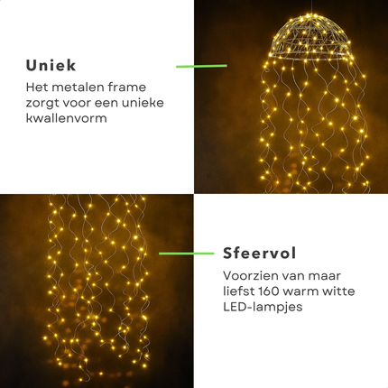 Cheqo® Kroonluchter Kwal - Kerstverlichting - Buitenlamp Terrass - Warm Witte LED Verlichting - 160 LED Lampjes - Spatwaterdicht - Voor Buitengebruik - Opvallende Blikvanger - Kerstdecoratie - Zilveren Design