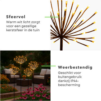 Cheqo® Tuinsteker Met Ledverlichting - Kerstverlichting Buiten - Kerstversiering Tuin - Verlichte Tuinstekers - Set Van 5 Tuinstekers - Warm Wit Licht - Adapter Met Timer - IP44 Geschikt Buiten - 225 Micro Led - Kerstdecoratie Buiten