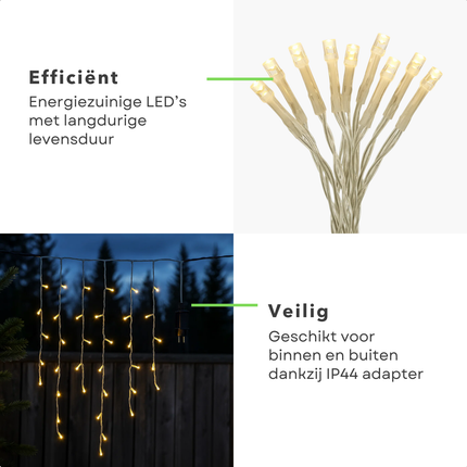 Cheqo® Ijspegel Verlichting - Kerstverlichting Warm Wit - Ijspegelverlichting Transparant Snoer - 90 LED - Lichtgordijn - Kerstverlichting Buiten - voor Binnen en Buiten - IP44 Adapter - Energiezuinig - Decoratieve Verlichting