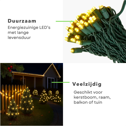 Cheqo® Kerstverlichting - Kerstlampjes - Kerstboomverlichting voor Buiten - Kerstboomverlichting Binnen - 120 LED Lampjes - Warm Wit Licht - LED Lichtsnoer - IP44 Waterdicht - 9 Meter Lengte - Groene Kabel - Energiezuinig