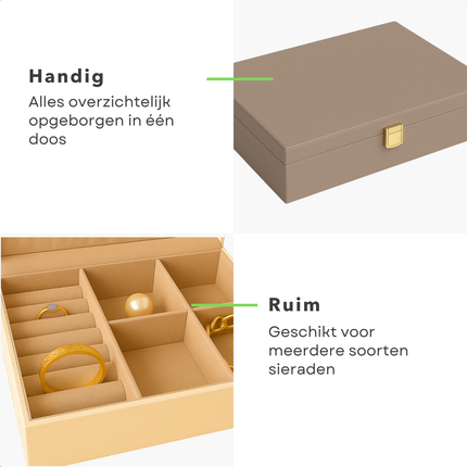 Cheqo® Sieradendoos Kunstleer - Bijouteriedoos - Sieradenkoffer - Juwelendoos - Sieraden Organizer - Taupe - Sieraden Doos - Sieradendoosje Met Kettinghaakjes en Ringklemmen