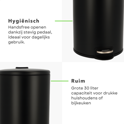 Cheqo® Pedaalemmer 30L – Mat Zwarte Prullenbak – 30 Liter Afvalemmer – Pedaalbediening – Anti-Slip Bodem – Uitneembare Binnenemmer – Keuken Afvalbak – Bijkeuken Prullenbak – Huishoudelijk Gebruik – Mat Zwart Design – Ruime Pedaalemmer