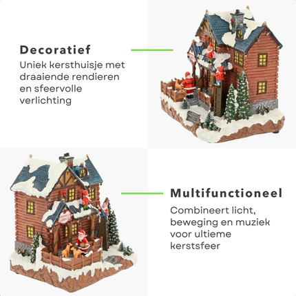 Cheqo® Kersthuisje Polyresin - Kersthuis - Kerstdecoratie Huisje - Kersttafereel - Kerstdorp Huis - Verlicht en Muziek -Draaiende Rendieren