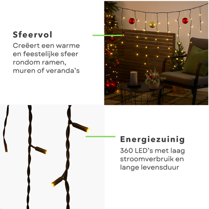 Cheqo® Ijspegel Verlichting - Lichtgordijn - 360 LED's - 12 Meter - Warm Wit - Binnen En Buiten - LED Lampjes - Kerstverlichting - IP44 Adapter - 3 Meter Aanloopsnoer - Lange En Korte Strengen - 52 cm Strengen - Energiezuinig