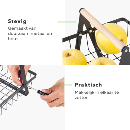 Cheqo® Fruitrek - Fruitmand - Fruitschaal - Keukenorganizer - Aanrecht Organizer - Keuken Bureau Organizers – Aardappelbak - Drie Lagen - Keukenopslag - 47 cm - Metaal en Hout