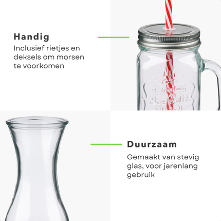 Cheqo® Glazen Drinkset - Glas met Rietje - Drinkglazen met Deksel en Rietje - Smoothie Glazen - Mason Jars met Deksel - Waterkan 1L - Duurzaam Glas