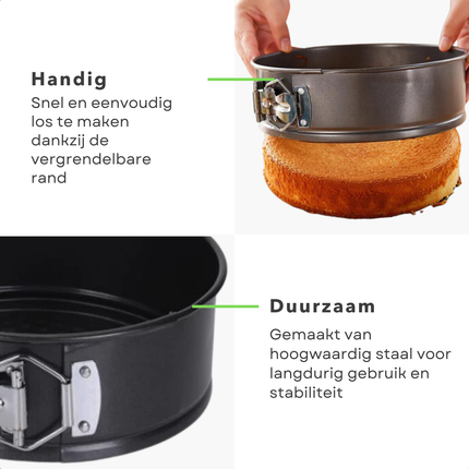 Cheqo® Springvorm Set 3-Delig - Ovenbestendig - Hartvormig en Ronde Bakvormen - Bakvorm set - Springvorm - Cakevorm - Bakvormen - Hartjes Taartvorm - Zwart