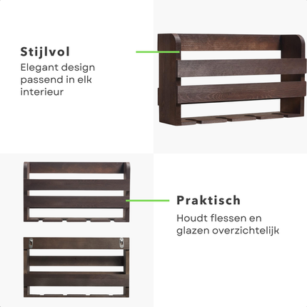 Cheqo® Houten Wijnrek Wandmontage - Flessenrek - Wijnflesrek - Wijnflessen Rek Voor 4 Flessen en Glazen - Glazenhouder - Hout - Compact Design