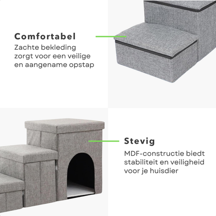 Cheqo® Opvouwbaar Hondentrap - Trapje Voor Huisdieren - Drie Compartimenten - Ingebouwde Mand - Opbergruimte Voor Speelgoed - Oxford Materiaal - MDF Constructie - 4200 Gram Gewicht - Huisdier Trap - Kleine Honden Trap