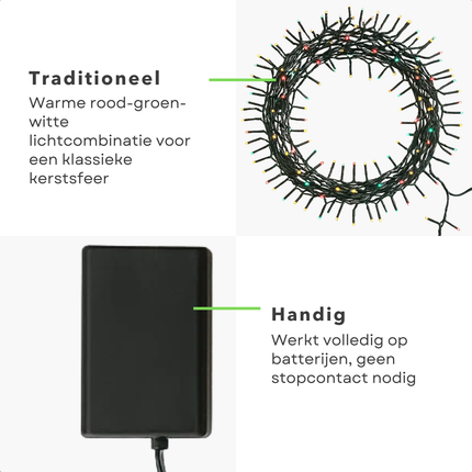 Cheqo® Kerstverlichting - Kerstlampjes - Kerstboomverlichting op Batterij - 192 LED Lampjes - Drie Kleuren Licht - Rood Warm Wit Groen - 8 Lichtfuncties - Geheugenfunctie Verlichting - Timer 6 Uur - Verlichte Lengte 140 CM - Op Batterijen