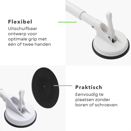 Cheqo® Douche Handgreep Met Zuignap - Veiligheidsgreep Badkamer - Handgreep Voor Ouderen - Zonder Boren - Uitschuifbare Handgreep - Gladde Oppervlakken - Verplaatsbare Handgreep - Sterke Zuignappen - Handgreep Toilet - Handgreep Met Klemmen