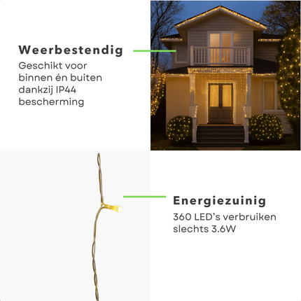 Cheqo® Ijspegel Lichtgordijn - 7.10 Meter - 360 LED's - Extra Warm Wit - Soft Wire - Kerstverlichting Buiten - Energiezuinige LED's - Spatwaterdicht IP44 - Binnen En Buiten - 8 Lichtfuncties - Groene Snoer - Lange En Korte Strengen - 3.6W Verbruik