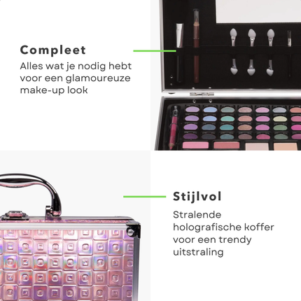 Cheqo® Glamour Make-up Koffer - Holografisch Roze - Kindermake-up Set - Draagbare Beautyset - Beauty Case met Vakken - Visagiekoffer - Cosmeticakoffer - Beautycase