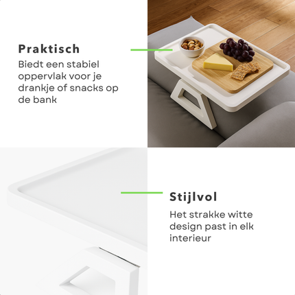 Cheqo® Armleuning Dienblad - Bamboe Materiaal - Wit Dienblad - Inklapbaar Dienblad - Antislip Functie - Banktafel Dienblad - Wit Bamboe - Dienblad Voor Bank - Dienblad Accessoire