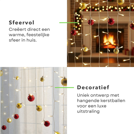 Cheqo® Lichtgordijn Kerstballen - Kerstverlichting Op Batterijen - Warm Wit Licht - 74 LED Lampjes - Automatische Timer - IP-44 - Buiten Geschikt - Kerstdecoratie Binnen - Kerstdecoratie Buiten - Sfeer Verlichting - Lichtnet - Licht Gordijn