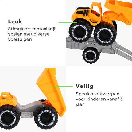 Cheqo® Bouwvoertuigen Speelgoed Set - Kiepwagen - Aanhanger - Bulldozer Speelgoed Voor Binnen en Buiten - Stevig Kunststof