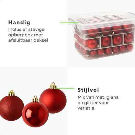 Cheqo® Rode Kerstballen Set - 70 Stuks - Kunststof Kerstballen - Kerstbal Opbergbox - Rood Kerstdecoratie - Mat Glanzend Glitter - Verschillende Uitvoeringen - Met Kerstbal Opbergbox - Opbergdoos - Afsluitbaar Deksel