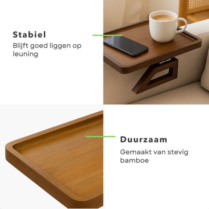 Cheqo® Armleuning Dienblad - Bamboe Dienblad - Antislip - Bruine Kleur - Inklapbaar Dienblad - Bank Dienblad - Bamboe