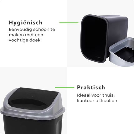 Cheqo® Prullenbak - Afvalbak - Vuilnisbak - Afvalemmer - Kunststof - Ideaal voor Kantoor en Thuis - Met Deksel - Zwart