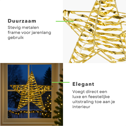 Cheqo® Verlichte Kerstster - Gouden Kerstster - 60 Led Lampjes - Warm Wit Licht - Microled Verlichting - Kerstdecoratie Binnen - Metalen Kerstster - Kunststof Kerstster - Timer Functie - Batterij Aangedreven - Gouden Kerstster - Kerst Ster