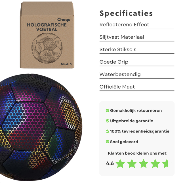 Cheqo® Lichtgevende Holografische Voetbal - Glow in the Dark Voetbal - Reflecterende Bright Voetbal - Maat 5 - Ideaal voor Avondwedstrijden - Halogeen Effect