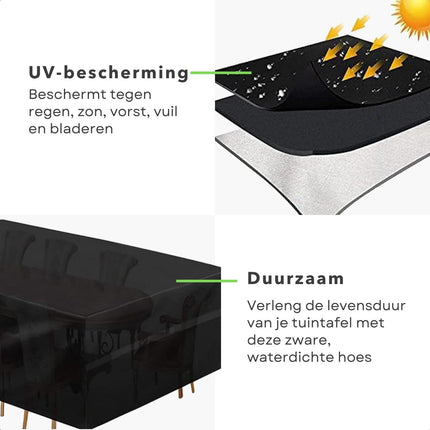 Cheqo® Waterdichte Afdekhoes voor Tuintafel - Zware Kwaliteit - Tafel Beschermhoes - 200 x 95 x H60 cm  - Incl. Opbergzak - UV Bescherming - PVC Coating - 600D Polyester - Hoge Kwaliteit - Tafelhoes Vierkant - Tuinsethoes - Tuinmeubelhoes tuinmeubelhoezen