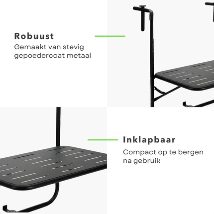 Cheqo® Balkontafel - Hangtafel Balkon - Balkontafel Hangend - Inklapbare Balkontafel - Balkontafel Verstelbaar - Zwarte Balkontafel