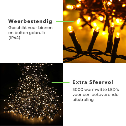 Cheqo® Kerstverlichting - Kerstboomverlichting - Kerstlampjes - LED Clusterverlichting - 3000 Lampjes - 22M - Warm Wit - Timer & Lichtfuncties