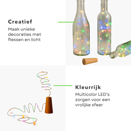 Cheqo® LED Kurk Flessenverlichting - Multicolor LED Lampjes - Lichtsnoer Op Batterijen - Decoratieve Flesverlichting - IP44 - Kurk Met Lichtsnoer - Sfeerverlichting Voor Flessen - Feestverlichting LED - 8 LED Lampjes