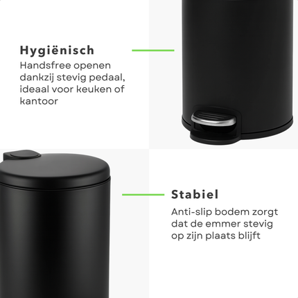 Cheqo® Pedaalemmer 12 Liter - Mat Zwarte Prullenbak - Metalen Pedaalemmer - Kunststof Pedaal - Uitneembare Binnenemmer - Anti-Slip Bodem - Geschikt Voor Keuken - Geschikt Voor Kantoor - Pedaalemmer Met Deksel - Compacte Pedaalemmer