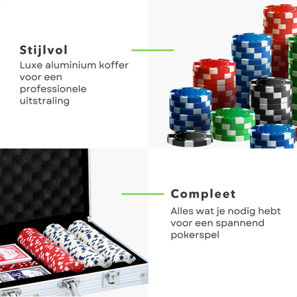 Cheqo® Pokerset Aluminium Koffer - Pokeren - Poker Set met 300 Fiches - Poker Spel voor 5 Personen - Inclusief Dobbelstenen en Kaarten