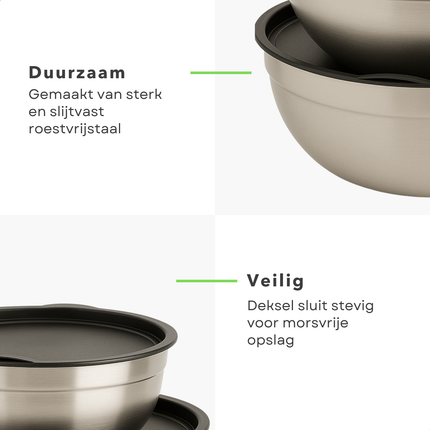 Cheqo® RVS Mengkommen Set - Mixkom - Beslagkommen Set - Mengkom Set - Beslagkom Stapelbaar en Met Deksel - 3-delig - RVS