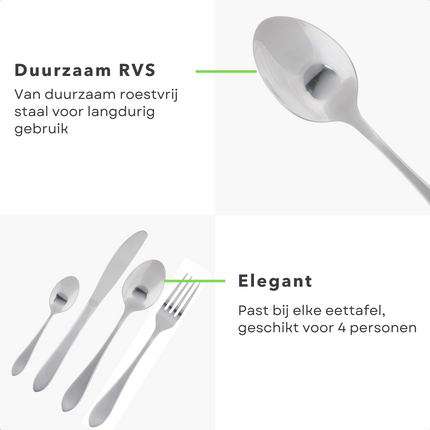 Cheqo® Luxe 16-delige Bestekset  - Vaatwasserbestendig - 4 personen - Messen - Lepels - Vorken - Theelepels - RVS - Perfect cadeau Besteksets