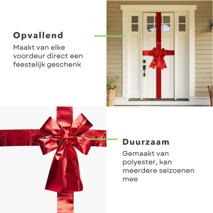 Cheqo® Rode Deurstrik - Kerstdecoratie -Glanzende Strik - Klittenband Bevestiging - Rode Kerststrik - Feestelijke Decoratie - Deurversiering - Grote Strik - Rode Glans - Decoratieve Strik - Deurkrans Alternatief - Deurstrik - Kerst Strik