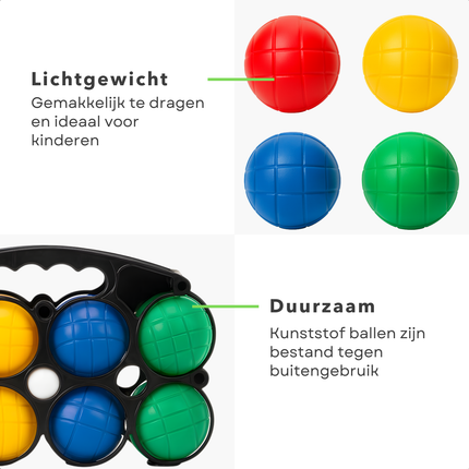 Cheqo® Jeu De Boules Set - 8 Kunststof Ballen - 4 Kleuren Ballen - Petanque Set - Kunststof Petanque - Kleurrijke Ballen - Set Van 8 - Werpspel