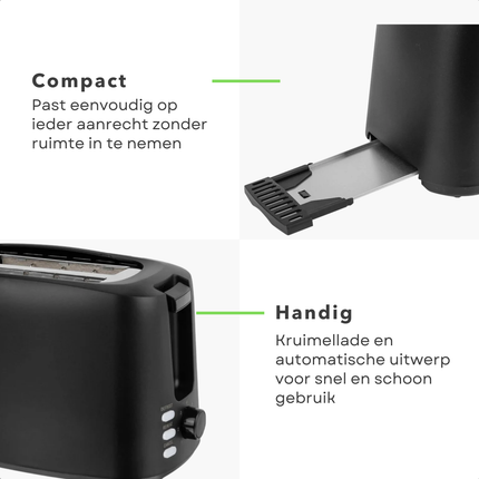 Cheqo® Compacte Broodrooster – Toaster – Brood Rooster – 7 Niveaus – Stopknop – Opwarmfunctie – Ontdooistand – Indicatielampje – Automatische Uitwerp – Kruimellade – Anti-Slip Voetjes - Broodtoaster - Brood Toasten