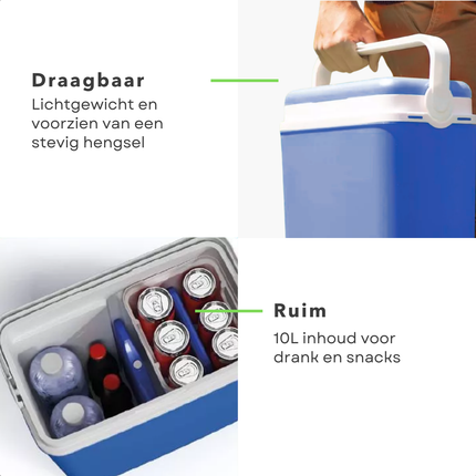 Cheqo® Koelbox - Coolbox - Frigobox - 10L - Blauw-Wit - Draagbaar - Handig Hengsel