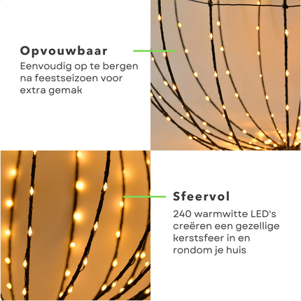 Cheqo® LED Kerstverlichting Lichtbol - Metaal - 240 LED's - 40 cm - Timer - Extra Warm Wit - Aanloopsnoer van 300 cm - Opvouwbaar - Voor Binnen en Buiten - Kerstverlichting - Kerstlampjes - Sfeerverlichting - Kerstbol Verlichte Kerstfiguren