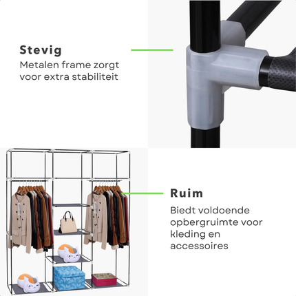 Cheqo® XXL Kledingkast - Opvouwbare Garderobekast - Campingkast - Slaapkamer Kast - Kleerkast - Zwart - Metalen Frame