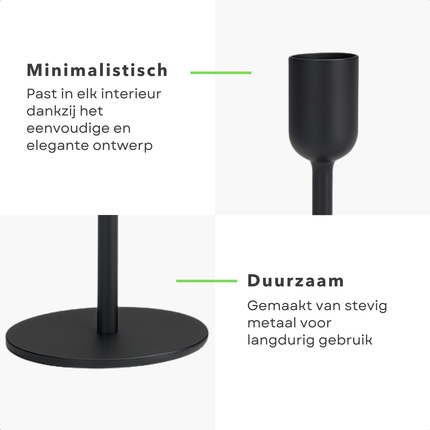 Cheqo® Metalen Kaarsenhouder Set van 3 – Zwarte Kaarsenhouders in Industriële Stijl – Woondecoratie voor Salontafel, Eetkamertafel of Bijzettafeltje – Tijdloos Design – Geschikt voor Dinerkaarsen – Kandelaar Modern