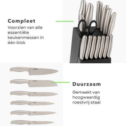 Cheqo® 15-delige Messenset met Messenblok Zwart – RVS Koksmes Broodmes Snijmes Santokumes – Steakmessen – Schilmes – Universeel Mes – Aanzetstaal – Keukenschaar – Anti-kleeflaag – Japanse Chefkok Messen – Strak Design